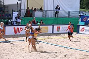 Deutsch: Beachhandball Europameisterschaften 2019 (Beach handball Euro); Tag 2: 3. Juli 2019 – Frauen, Vorrunde Gruppe C, Spanien-Griechenland 2:1 (12:20, 18:16; 8:2) English: Beach handball Euro; Day 2: 3 July 2019 – Women Preliminary Round Group C – Spain-Greece 2:1 (12:20, 18:16; 8:2)