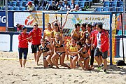 Deutsch: Beachhandball Europameisterschaften 2019 (Beach handball Euro); Tag 2: 3. Juli 2019 – Frauen, Vorrunde Gruppe C, Spanien-Griechenland 2:1 (12:20, 18:16; 8:2) English: Beach handball Euro; Day 2: 3 July 2019 – Women Preliminary Round Group C – Spain-Greece 2:1 (12:20, 18:16; 8:2)