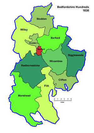 The Hundreds of Bedfordshire in 1830 Bedfordshire Hundreds 1830.png