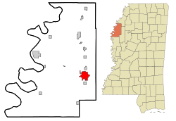 ミシシッピ州におけるボリバー郡（右図）と同郡におけるクリーブランド市の位置