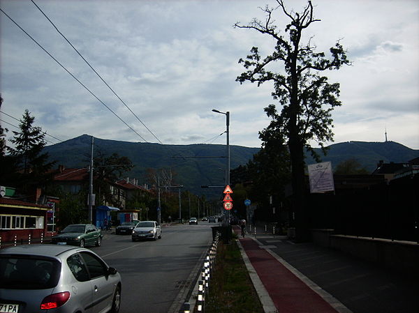 A view of Vitosha from the boulevard named after the brothers Noel & Charles Buxton in Sofia, Bulgaria (42°39.943′N 23°16.521′E / 42.665717°N 23.27535