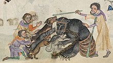 Bear-baiting in the 14th century British Library Additional MS 42130 F161r (Bear baiting).jpg