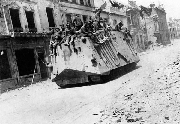 German A7V tanks in Roye, Somme during Operation Michael of World War I in 1918