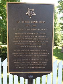 Canton, Ontario Cemetery historical marker memorializing Canadian Edward E. Dodd's acts of valor in the American Civil War. Canton, Ontario 9B - Plaque to Sgt. Edward Edwin Dodds.JPG