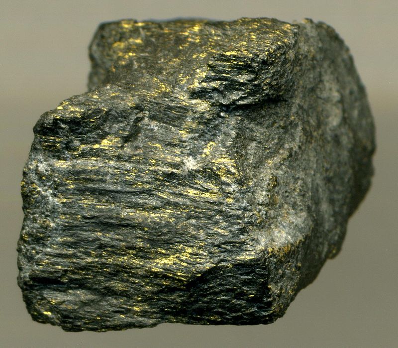 Carbon Leader Gold Ore, Blyvooruitzicht Gold Mine, Carletonville Goldfield, West Witwatersrand. The Carbon Leader is a blackened, hydrocarbon-rich stromatolitic interval richly impregnated with native gold and uraninite. This is a paleoplacer deposit, part of an ancient alluvial fan succession. Carbon Leader Gold Ore, South Africa 3.jpg