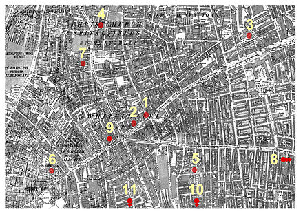 Carte de la Londres victorienne. Onze points marquent des endroits sur des rues proches.