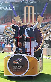 The two PMs taking a lap around the stadium. Celebrating 75 years of friendship though cricket PM's together.jpg