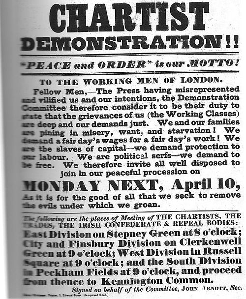 Slab-serif type on the heading of a Chartist poster, 1848. Some headings and the lower passage are in Didone type, but much body text is slab serif.