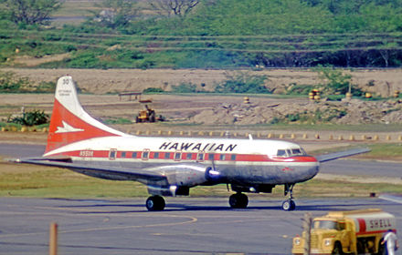 Convair 640 turboprop airliner of Hawaiian at Honolulu in 1971. The airline operated Convairs from 1952 until 1974.