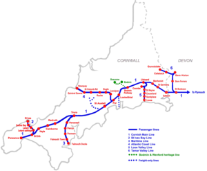 Railways and stations in Cornwall as of 2009 CornwallRailwayMap.png