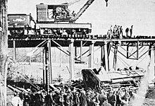 A train wreck at the Corydon Junction's southern trestle (January 19, 1902) Corydon train wreck1902.jpg