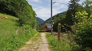 Merah kereta di single-track di landasan