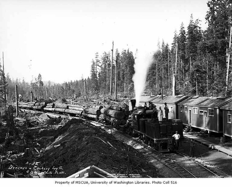 File:Crew and woman with Donovan-Corkery Logging Company's three-truck Climax locomotive 5 and log train at railroad logging camp, ca (KINSEY 1718).jpg