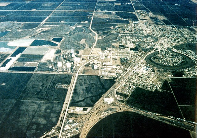Aerial view of Crookston, Minnesota, with the Red Lake River twisting through the town