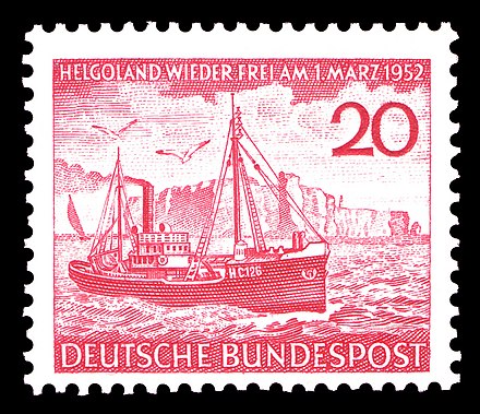 20 pfennig commemorative stamp issued by Deutsche Bundespost to commemorate the 1952 restoration of Helgoland