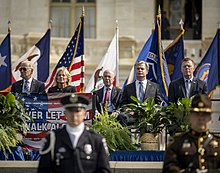 From left to right: Joe and Jill Biden, Alejandro Mayorkas, and other officials DHS Secretary Alejandro Mayorkas Attends National Police Officers' Memorial Service (51602979861).jpg