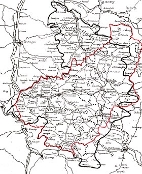 Der Landkreis Eichsfeld nach 1994 (rot) im Vergleich zum historischen Eichsfeld (schwarz)