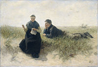 Boy and Girl in the Dunes label QS:Len,"Boy and Girl in the Dunes" label QS:Lpl,"Chłopiec i dziewczynka na wydmach" label QS:Lnl,"Jongen en meisje in het duin" 1870-1890. oil on canvas medium QS:P186,Q296955;P186,Q12321255,P518,Q861259 . 95.2 × 140 cm (37.4 × 55.1 in). Amsterdam, Rijksmuseum Amsterdam.