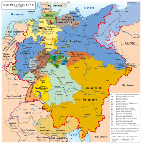 A map of the German Confederation in 1849 showing the 39 independent states.