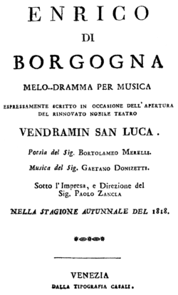Donizetti - Enrico di Borgogna - title page of the libretto, Venice 1818.png