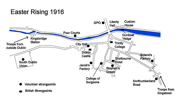 Positions of rebel and British forces in central Dublin