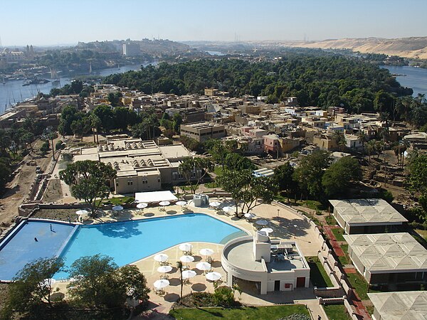 View south (upstream) of Elephantine Island and Nile, from a hotel tower.