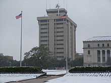 The Aggie Doppler Radar in operation atop the Eller O&M Building at Texas A&M University during a rare southern Texas snow storm on February 23, 2010 Eller OM ADRAD snow.jpg