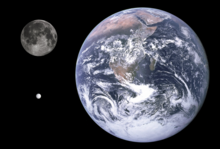 Size comparison between Enceladus (lower left), the Moon (upper left) and Earth Enceladus size corrected.png