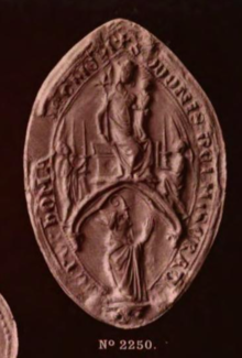 Seal of Eudes Rigaud or Odo Rigaldus (c.1200-1275), the Archbishop of Rouen, who visited the priory at Harmondsworth in 1265 and 1268 and recorded only two monks in the priory. Eudes Rigaud Rouen.png