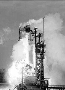 The spectacular explosion of AC-5 in March 1965 left Pad 34A a mass of blackened rubble. Explosion-du-vol-AC-5-.jpg