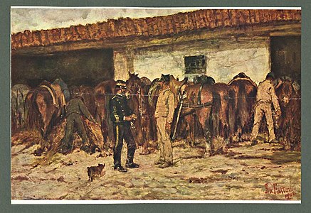 700 Inspection of a military stable label QS:Lit,"Cavalli nella stalla" label QS:Len,"Inspection of a military stable" 1902