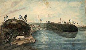 1834 год. Вид на шлюзы канала Ридо с реки Оттава. Слева, на поросшем деревьями Холме полковника, расположена резиденция Джона Бая. Справа - будущий Парламентский холм.