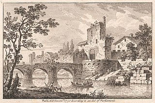 Townscape with bridge and three men in a boat, traveller and a dog (set of 6)