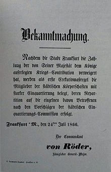 Bekanntmachung über die Einquartierungen in Frankfurt am Main als Strafe für die Nichtzahlung der Kriegskontribution