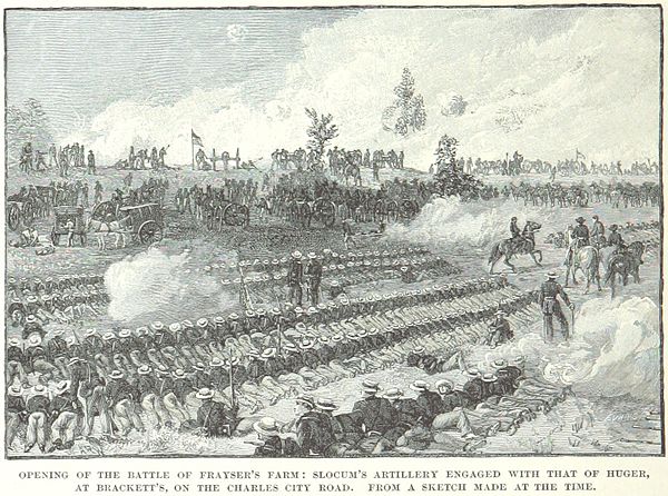 Slocum's artillery engages Huger's (Engraving by Alfred Waud)