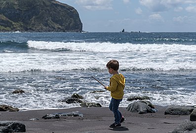 Gabriel at Mosteiros Beach, São Miguel Island, Azores, Portugal