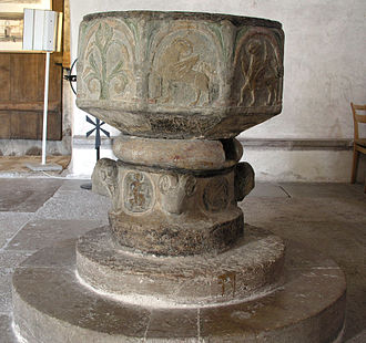 The baptismal font, a work by Byzantios (late 12th century) Garda Baptismal font 01.jpg
