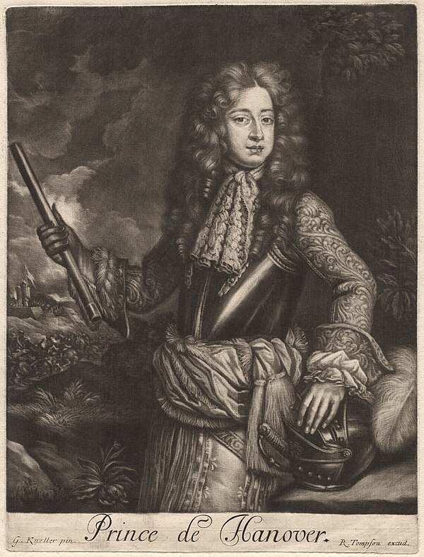 George in 1680, aged 20, when he was Prince of Hanover. After a painting by Godfrey Kneller.