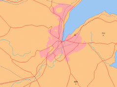 Mapa konturowa Belfastu, w centrum znajduje się punkt z opisem „Ulster Hall”