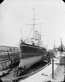 Halifax Graving Dock, 1900 with HMS Crescent HMS Crescent in drydock Halifax LAC 3332850.jpg