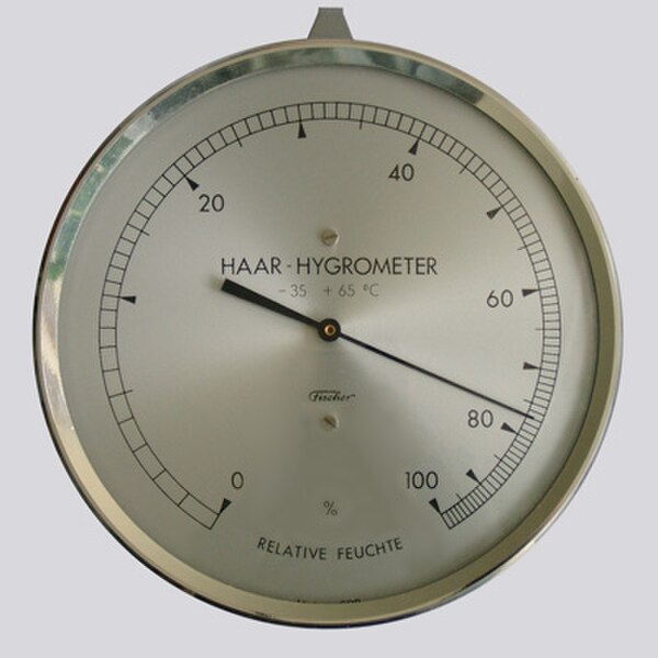 A hair tension dial hygrometer with a nonlinear scale.