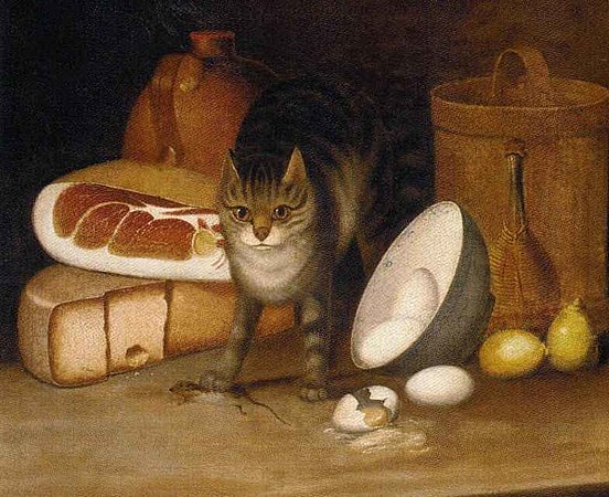 Ham, cheese, eggs, lemons and a cat with a captured mouse. Oil on canvas from the 1700s by George Smith of Chichester (1714–1776)