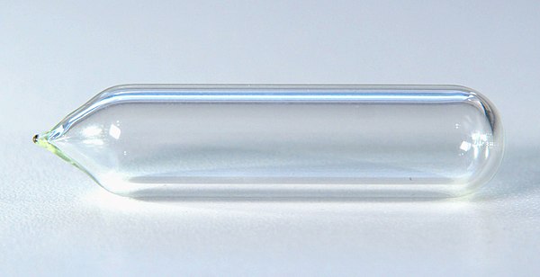 Hydrogen gas is colorless and transparent, here contained in a glass ampoule.