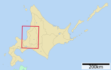 Location of Ishikari Subprefecture in Hokkaido Indicator map for Ishikari and Sorachi Subprefecture in Hokkaido Japan.svg