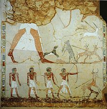 Ineni (upper left, partly destroyed) in a hunting scene from his tomb TT81. Ineni005.JPG