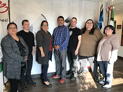 Group photo of volunteers of Wikimedia Canada and employees of the Institut Tshakapesh, an organization representing eight Innu communities in Quebec with the role of preserving the Innu language, culture and education, after an initial outreach meeting