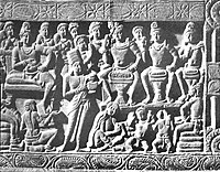 The sculpture depicts a scene where three soothsayers are interpreting to King Suddhodana the dream of Queen Maya, mother of Gautama Buddha. Below them is seated a scribe recording the interpretation. From Nagarjunakonda, 2nd century CE. A child learning the Brahmi Alphabet is also known from the 2nd century BCE in Srughna. Interpretation of Queen Maya's dream.jpg
