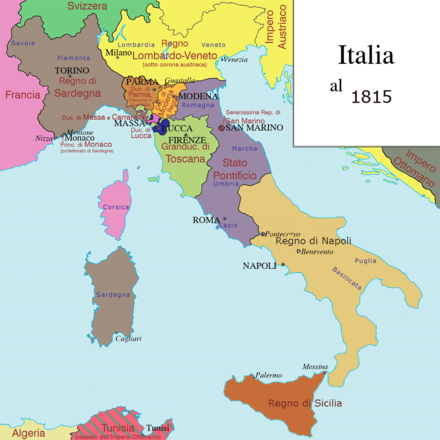 Italian states after the Congress of Vienna with Austrian-annexed territories shown in yellow
