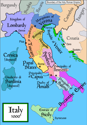 Multi-coloured map of Italy in 1000 AD