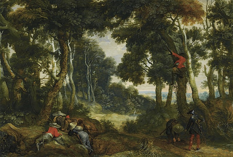 File:Jan Wildens - Wooded landscape with brigands playing dice, another brigand up in a tree, on the lookout.jpg